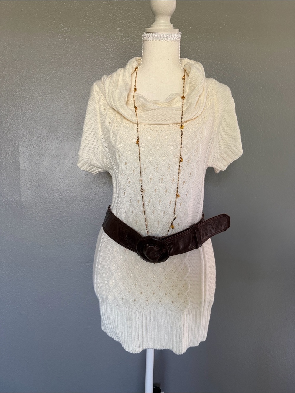 Cream Cable-Knit Cowl Neck Tunic Sweater